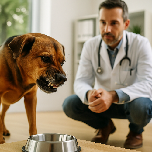 Photographie carrée montrant un chien brun de type croisé, debout devant une gamelle en métal, babines retroussées et grognant pour protéger sa nourriture. À côté, un vétérinaire en blouse blanche avec stéthoscope observe calmement l’animal à distance, accroupi, dans une salle lumineuse, illustrant une consultation comportementale. »