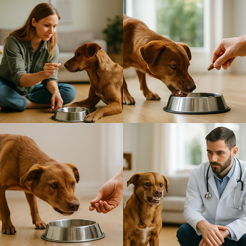 Collage de quatre photographies en format carré illustrant les étapes de gestion d’un chien qui grogne sur sa gamelle. Première image : un chien mange calmement dans un coin tranquille de la maison. Deuxième image : un propriétaire lance une friandise plus appétissante à distance vers la gamelle du chien. Troisième image : un chien grogne légèrement devant sa gamelle tandis que le propriétaire l’observe sans intervenir ni punir. Quatrième image : un vétérinaire en blouse blanche examine un chien avec son pr