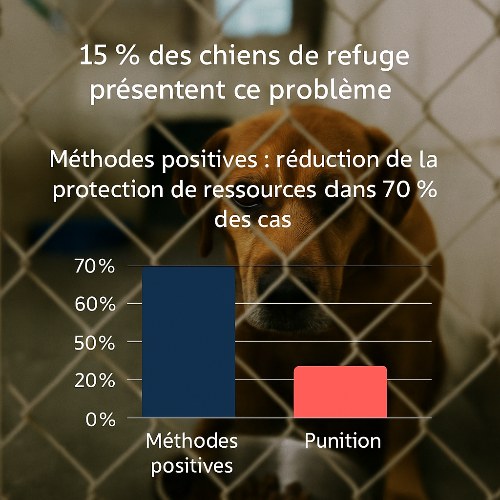 Infographie sous forme de diagramme en barres illustrant une étude comportementale sur la protection de ressources chez les chiens. Les barres représentent : 15 % des chiens issus de refuges concernés, 70 % de réduction durable grâce aux méthodes positives, et 30 % d’aggravation du problème en cas de punition. Design clair et épuré, adapté à une présentation scientifique.