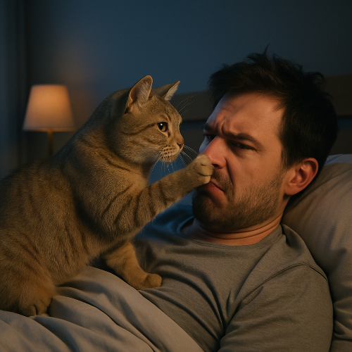 Chat tigré réveille son propriétaire en posant la patte sur son nez, de nuit, dans une chambre faiblement éclairée. »