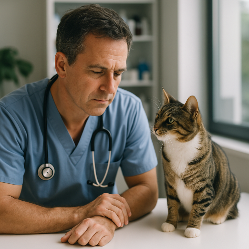 Vétérinaire en blouse bleue observe un chat tigré brun assis sur la table d’examen dans un cabinet lumineux.