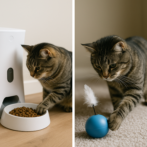 Étude de cas : un chat tigré utilise un distributeur automatique de croquettes et un jouet interactif pour réduire les réveils nocturnes.