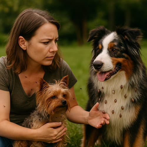 Photographie professionnelle montrant deux propriétaires avec leurs chiens. À gauche, une jeune femme tient son Yorkshire Terrier envahi de moustiques, l’air inquiète. À droite, un homme caresse son Berger Australien assis dans l’herbe, portant plusieurs tiques visibles sur sa fourrure. Scène réaliste en extérieur, illustrant les témoignages de maîtres confrontés aux parasites estivaux.