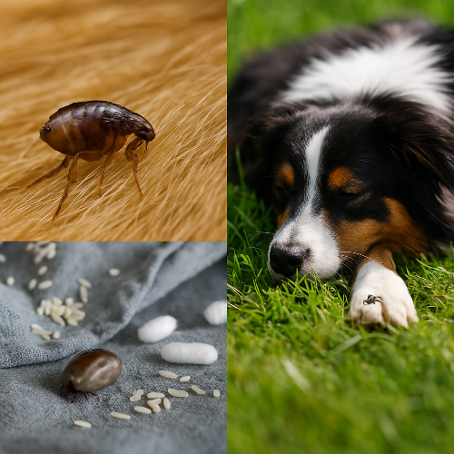 Photographie carrée en diptyque. À gauche, gros plan montrant une puce brune accrochée au pelage d’un chien, avec des larves et cocons visibles sur un tissu. En bas à gauche, une tique gonflée est posée sur le même tissu. À droite, un chien tricolore de type Berger est allongé fatigué dans l’herbe, une tique fixée sur sa patte. L’image illustre le cycle de vie de la puce et les maladies graves transmises par les tiques.