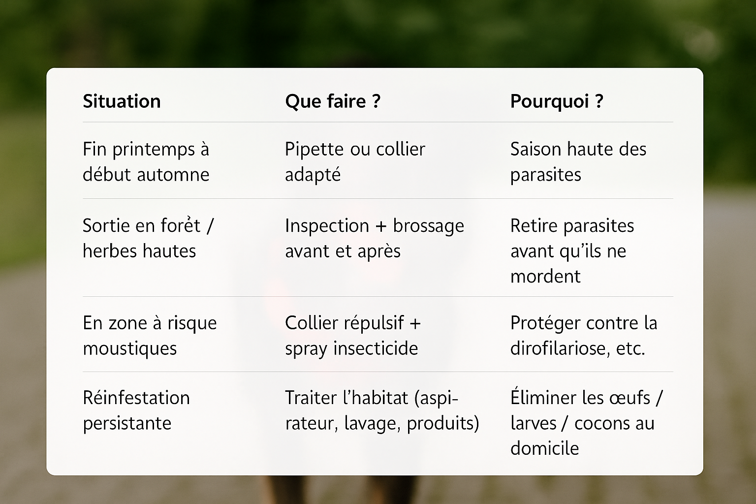 Infographie rectangulaire présentant un tableau comparatif clair et lisible sur fond extérieur flou. Trois colonnes : Situation, Que faire ?, Pourquoi ?. Les cinq lignes détaillent : 1) Fin printemps à début automne – Pipette ou collier adapté – Saison haute des parasites. 2) Sortie en forêt / herbes hautes – Inspection + brossage avant et après – Retire parasites avant qu’ils ne mordent. 3) En zone à risque moustiques – Collier répulsif + spray insecticide – Protéger contre la dirofilariose, etc.