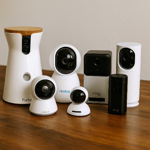 Photographie carrée montrant six modèles de caméras connectées pour animaux alignées sur une table en bois clair. On distingue différents designs : une caméra cylindrique blanche type Furbo, une caméra motorisée blanche type Reolink, une caméra robot sphérique type Enabot, une caméra compacte noire type Ring, une caméra carrée blanche type Petcube et une caméra verticale noire type Wyze. L’image illustre la variété des caméras de surveillance pour animaux