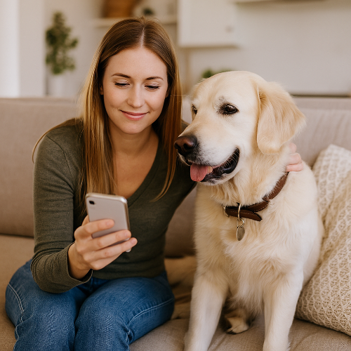 Photographie professionnelle en format carré montrant une jeune femme assise sur un canapé moderne, souriante, tenant et caressant son chien de taille moyenne à poil court. Le chien, attentif, penche légèrement la tête vers une caméra connectée posée sur une table basse. La scène illustre un témoignage de propriétaire utilisant une caméra pour surveiller son animal.