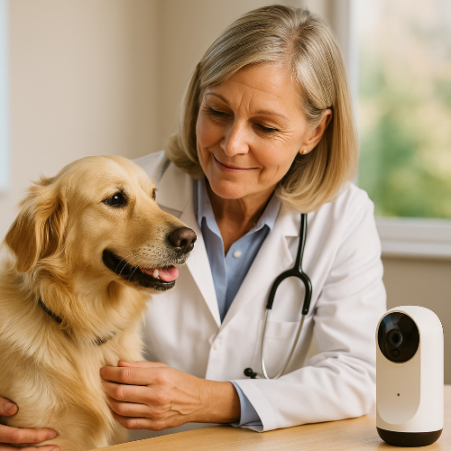 Photographie professionnelle en format carré montrant une vétérinaire d’âge moyen en blouse blanche avec stéthoscope, examinant un Golden Retriever assis sur une table d’examen. La vétérinaire sourit et pose une main rassurante sur le chien. Une caméra connectée est posée à proximité, illustrant l’importance des avis vétérinaires dans l’utilisation de caméras pour animaux