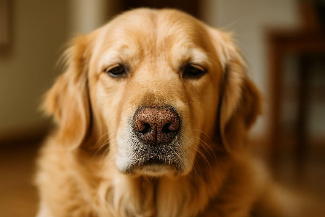 Gros plan photographique sur un Golden Retriever, avec une mise au point sur sa truffe sèche et légèrement craquelée. Les yeux bruns expriment une légère inquiétude, tandis que le fond flou met en valeur le museau. Image réaliste et professionnelle illustrant la problématique de la sécheresse de la truffe chez le chien