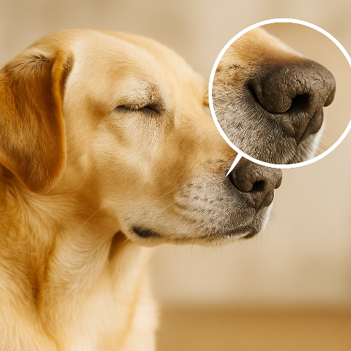 Photographie professionnelle d’un chien vu de profil, avec un zoom circulaire détaillant sa truffe sèche et craquelée. La mise au point met en évidence la texture du museau, éclairée par une lumière naturelle douce, sur fond neutre. Illustration réaliste et vétérinaire de la sécheresse nasale chez le chien