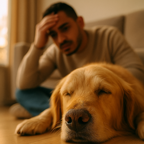 Photographie professionnelle d’un Golden Retriever allongé au sol, truffe sèche en gros plan et yeux fermés, semblant fatigué. À l’arrière-plan, son propriétaire accroupi, la main sur le front, exprime de l’inquiétude. Lumière naturelle chaleureuse, ambiance réaliste et émotive