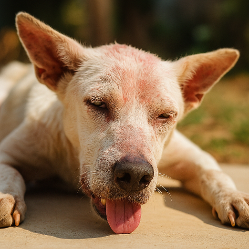 Photographie professionnelle d’un chien blanc et fauve, allongé sur un sol clair, l’air malade et déshydraté. Sa truffe est sèche et craquelée, ses gencives visibles apparaissent sèches et pâles, et son pelage présente des rougeurs évoquant un coup de soleil. L’animal halète, la langue sortie, dans une lumière naturelle chaude