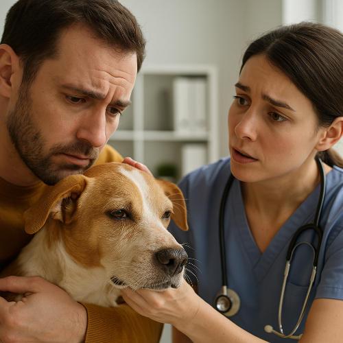 Photographie professionnelle montrant un propriétaire inquiet tenant son chien au museau sec et craquelé dans une clinique vétérinaire. Le vétérinaire en blouse et stéthoscope examine l’animal attentivement, tandis que le maître garde un air préoccupé. Scène réaliste et émotive, lumière naturelle.