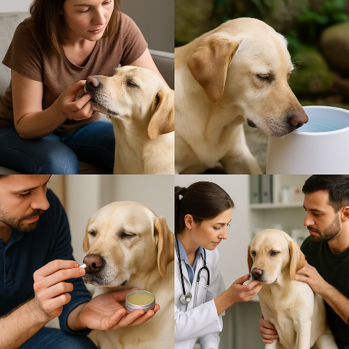 Collage de quatre photographies professionnelles illustrant les soins pour un chien à la truffe sèche : un propriétaire vérifie les gencives de son chien, le chien boit dans une fontaine à eau moderne, un propriétaire applique un baume hydratant sur son museau, et enfin le chien est examiné par un vétérinaire en clinique.
