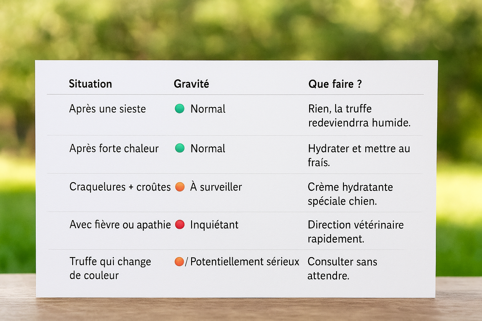 Infographie rectangulaire moderne représentant un tableau à trois colonnes (Situation, Gravité, Que faire ?) sur fond extérieur flou. Les lignes présentent différentes situations liées à la truffe sèche chez le chien : après une sieste (normal), après forte chaleur (normal), craquelures + croûtes (à surveiller), avec fièvre ou apathie (inquiétant), truffe qui change de couleur (potentiellement sérieux), avec pour chaque cas l’action à réaliser.