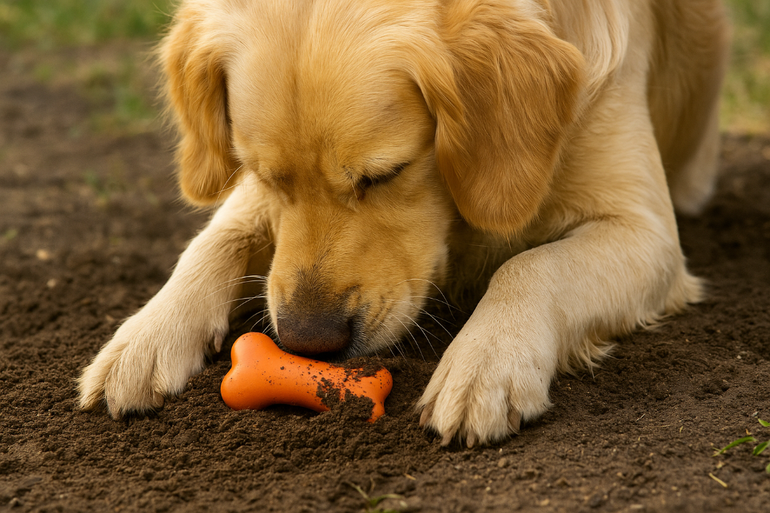 hotographie professionnelle d’un Golden Retriever en train d’enterrer un jouet en forme d’os orange dans la terre. Le museau et les pattes du chien recouvrent partiellement le jouet de sol humide. Image rectangulaire horizontale en lumière naturelle, illustrant l’instinct ancestral du chien à cacher ses trésors.