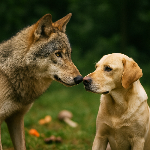Photographie professionnelle montrant un loup et un chien domestique côte à côte dans une clairière. Le loup, au pelage gris et au regard perçant, fixe le chien de race Labrador au pelage doré, créant un contraste entre instinct sauvage et familiarité domestique. Lumière naturelle, ambiance réaliste et animale.