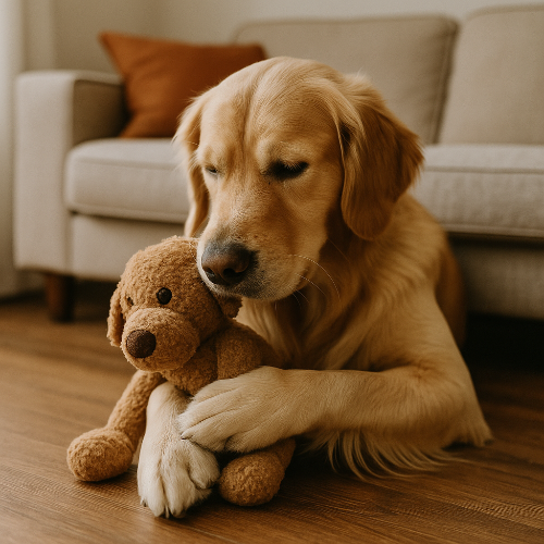 Photographie professionnelle d’un Golden Retriever allongé sur un parquet dans un salon lumineux, tenant et serrant contre lui une peluche marron. Le chien a une expression douce et protectrice, illustrant le besoin de sécurité et l’attachement émotionnel à son jouet.