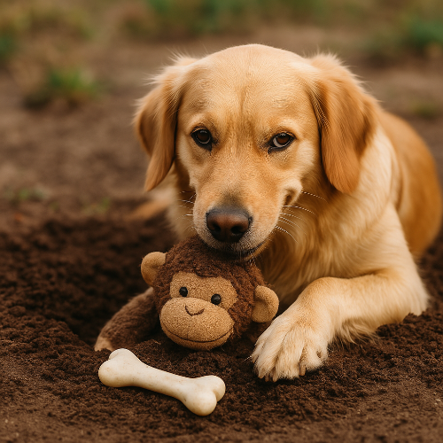 Photographie professionnelle en format carré d’un Golden Retriever au regard malicieux, partiellement en train d’enterrer une peluche en forme de singe dans la terre. Un os repose devant lui, renforçant l’idée de cacher ses trésors. Lumière naturelle et style réaliste digne d’un photographe animalier.