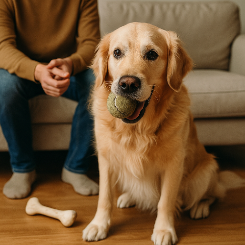 Photographie professionnelle d’un Golden Retriever assis dans un salon, tenant une balle de tennis usée dans sa gueule. Le maître, assis en arrière-plan sur un canapé beige, observe son chien. La scène illustre le comportement espiègle du chien qui attire l’attention en cachant ou montrant son jouet.