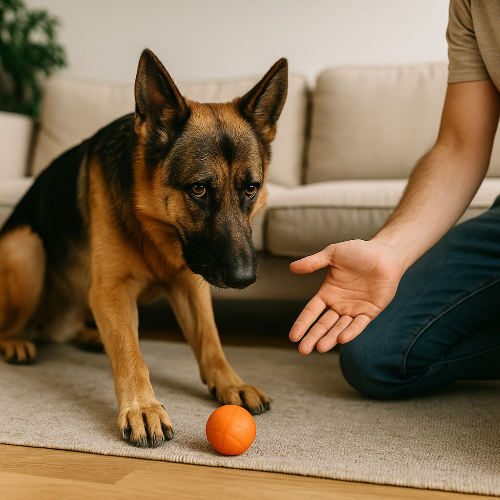hotographie professionnelle d’un Berger Allemand assis dans un salon, fixant une balle orange posée devant lui avec un air méfiant. Sa patte repose sur le jouet tandis qu’une main humaine tendue s’approche, illustrant un comportement protecteur et possessif.