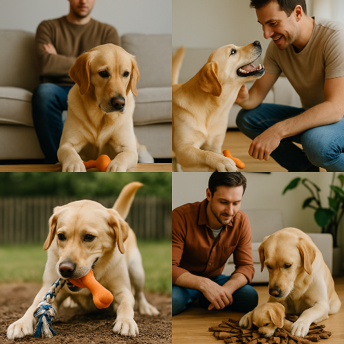 Collage de quatre photographies professionnelles illustrant différentes réactions d’un maître face à son chien. En haut à gauche, le chien est puni avec un maître bras croisés. En haut à droite, le chien est encouragé et récompensé par son maître. En bas à gauche, le chien joue dehors avec un jouet corde pour canaliser son énergie. En bas à droite, le maître observe calmement son chien avec bienveillance, illustrant la surveillance attentive.