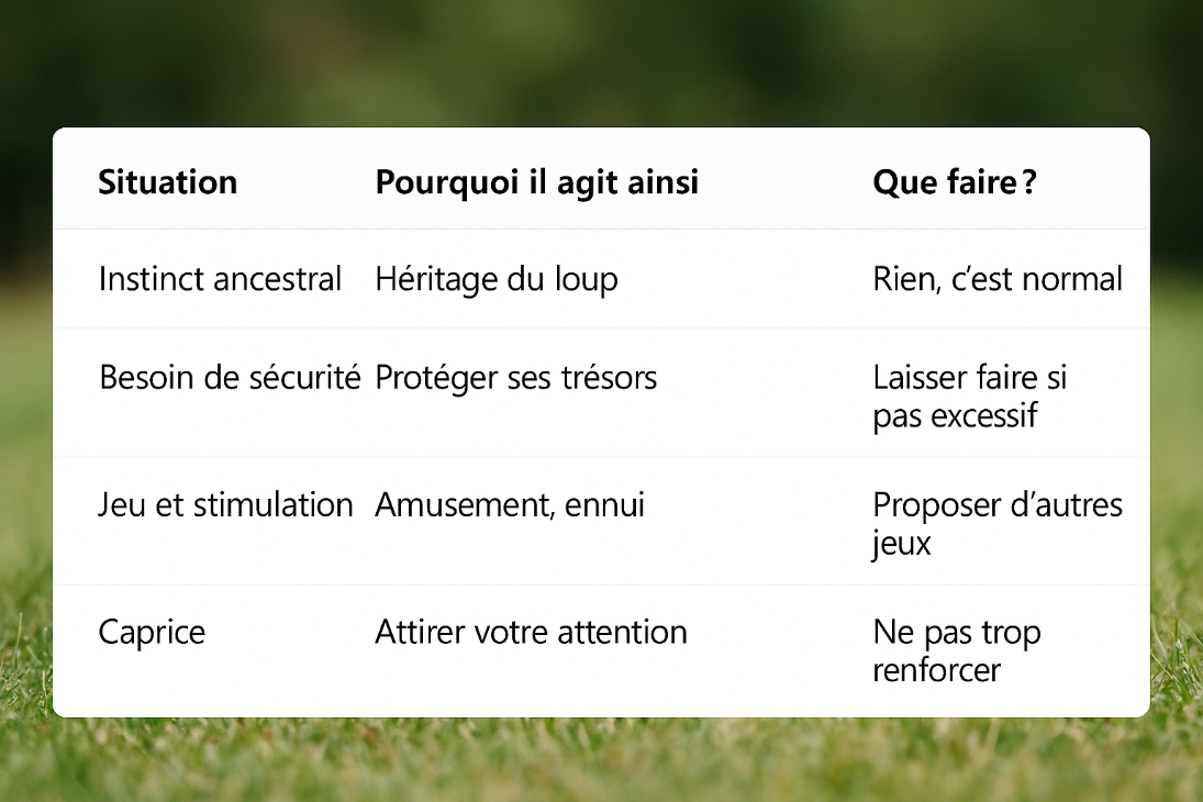 Infographie rectangulaire moderne avec fond extérieur flou, présentant un tableau clair à trois colonnes (Situation, Pourquoi il agit ainsi, Que faire ?). Les lignes détaillent : instinct ancestral (héritage du loup – rien, c’est normal), besoin de sécurité (protéger ses trésors – laisser faire si pas excessif), jeu et stimulation (amusement, ennui – proposer d’autres jeux), caprice (attirer votre attention – ne pas trop renforcer). »