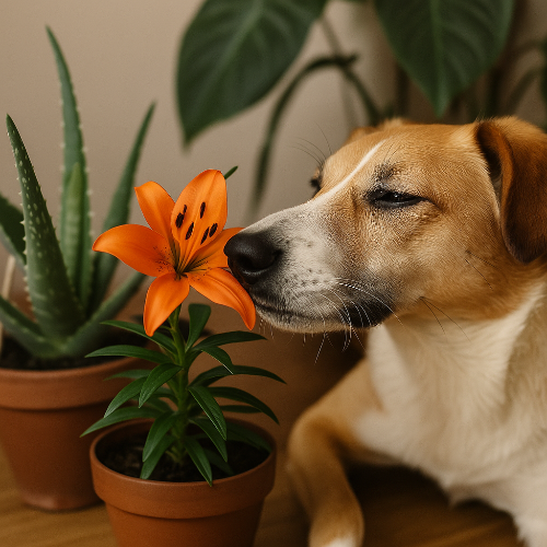 Photographie professionnelle en format carré d’un chien à poil court blanc et fauve reniflant un lys orange dans un pot. En arrière-plan, un aloe vera et un philodendron en pots complètent la scène. L’image illustre le danger des plantes d’intérieur toxiques pour les animaux domestiques