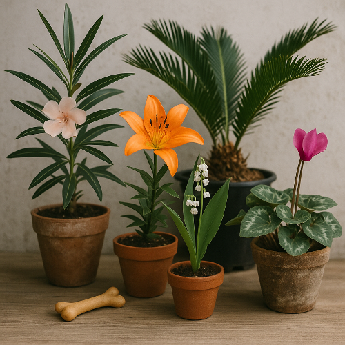 Photographie professionnelle montrant cinq plantes toxiques pour chiens et chats en pots : un laurier-rose à fleurs roses, un lys orange, un muguet blanc, un cyclamen rose et un palmier sagou en arrière-plan. L’image illustre clairement les plantes à haut risque à bannir de la maison