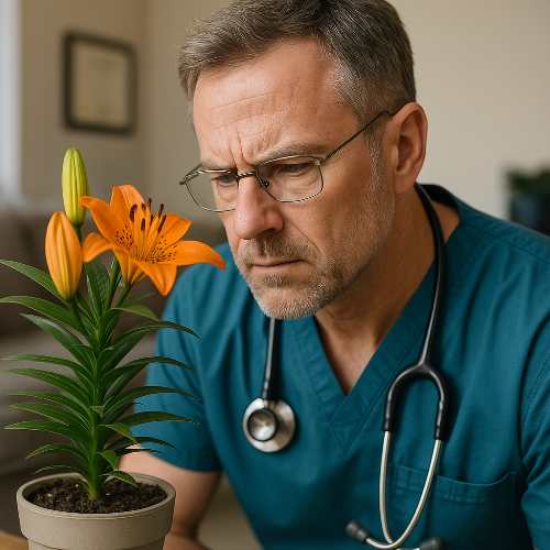 Photographie professionnelle d’un vétérinaire en blouse verte et stéthoscope autour du cou, observant attentivement un pot de lys orange posé sur une table. L’image illustre l’importance de la vigilance face aux plantes toxiques pour les animaux domestiques.
