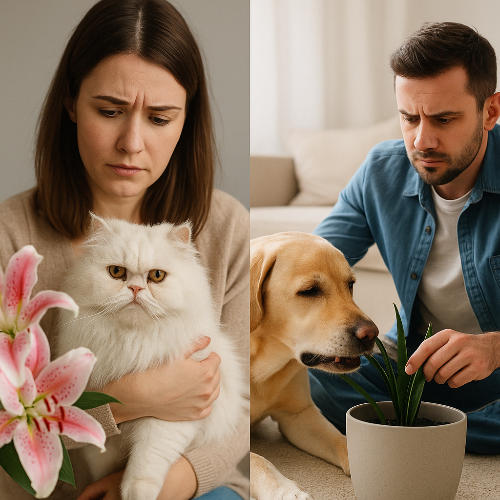 Photographie en format carré divisée en deux parties. À gauche, une femme inquiète tient un chat persan blanc devant un bouquet de lys roses. À droite, un homme observe son Labrador qui tente de mâcher un yucca en pot. L’image illustre les témoignages de propriétaires confrontés aux dangers des plantes toxiques pour leurs animaux