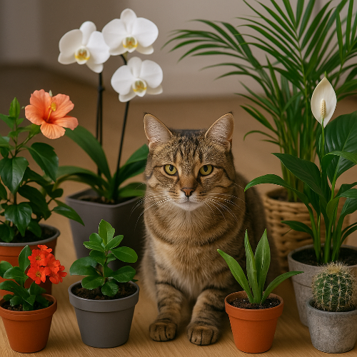 Photographie professionnelle d’un chat tigré à poil court assis sur un parquet clair, entouré de plantes sécuritaires comme une orchidée blanche, un hibiscus orange, un parlor palm, un cactus de Noël et un spathiphyllum. L’image illustre les alternatives vertes sans danger pour les animaux domestiques