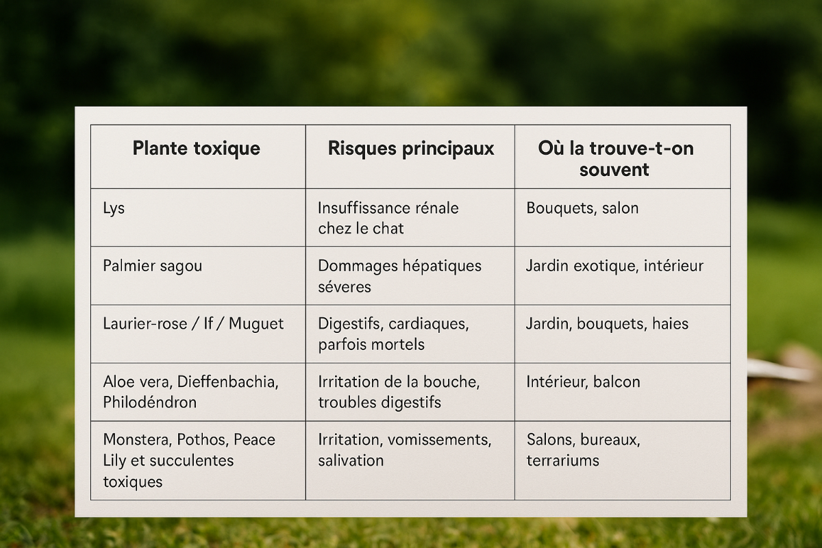 Infographie rectangulaire moderne affichant un tableau clair et agrandi sur fond extérieur flou. Trois colonnes : Plante toxique, Risques principaux, Où la trouve-t-on souvent. Les lignes listent : 1) Lys – insuffisance rénale chez le chat – bouquets, salon. 2) Palmier sagou – dommages hépatiques sévères – jardin exotique, intérieur. 3) Laurier-rose / If / Muguet – troubles digestifs, cardiaques, parfois mortels – jardin, bouquets, haies. 4) Aloe vera, Dieffenbachia, Philodendron – irritation de la bouche,