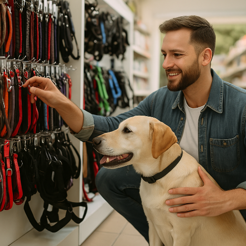 Photographie professionnelle en format carré d’un propriétaire avec son chien dans un rayon d’animalerie. L’homme souriant examine un collier parmi une large sélection de colliers et harnais colorés accrochés au mur, tandis que son Labrador beige l’accompagne calmement. Scène réaliste et lumineuse, illustrant le choix d’accessoires adaptés pour chien