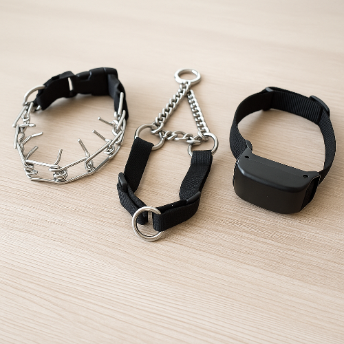 Photographie professionnelle montrant trois colliers pour chiens à éviter, disposés sur une table en bois clair : un collier à pointes en métal, un collier étrangleur en chaîne et un collier électrique noir avec boîtier. Les détails sont nets et la lumière naturelle met en valeur les matériaux