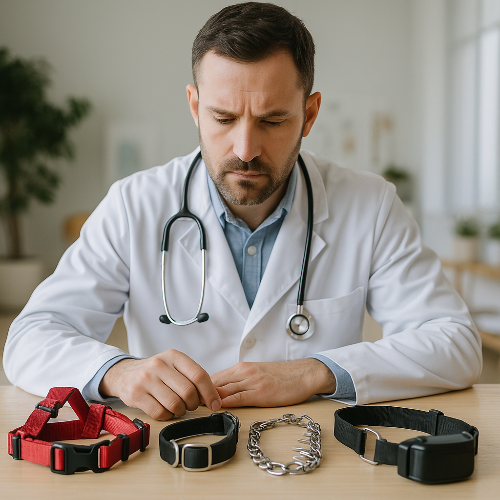 Photographie professionnelle en format carré d’un vétérinaire en blouse blanche avec stéthoscope, observant une table en bois où sont disposés plusieurs accessoires pour chiens : un harnais rouge, un collier simple noir, un collier étrangleur en chaîne, un collier à pointes et un collier électrique. L’image illustre l’analyse des différents types de colliers et harnais, en mettant en évidence ceux à éviter.