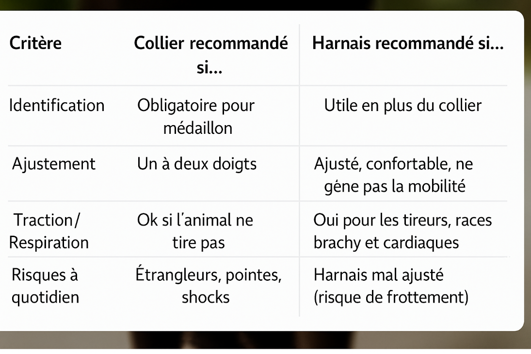Infographie rectangulaire en français, claire et agrandie pour être lisible sur téléphone, présentant un tableau comparatif à trois colonnes : Critère, Collier recommandé si…, Harnais recommandé si…. Quatre lignes : Identification (collier obligatoire pour médaillon – harnais utile en plus du collier), Ajustement (collier : un à deux doigts – harnais : ajusté, confortable, ne gêne pas la mobilité), Traction/Respiration (collier : ok si l’animal ne tire pas – harnais : recommandé pour les tireurs, races brac