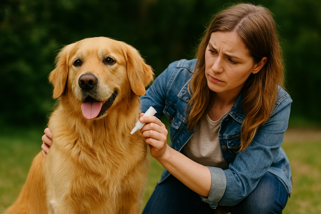 Photographie professionnelle rectangulaire prise en extérieur dans un parc verdoyant. Un propriétaire applique un antiparasitaire en pipette sur la nuque d’un chien assis à côté d’un chat tigré. Les deux animaux paraissent calmes et détendus, illustrant la prévention estivale contre les moustiques, puces et tiques.