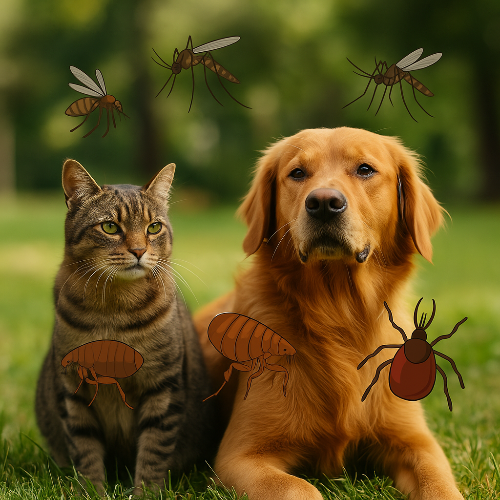 Photographie professionnelle en format carré d’un chat tigré et d’un Golden Retriever assis sur l’herbe dans un parc. Autour d’eux, des insectes parasites sont représentés : moustiques volant au-dessus, puces visibles sur leur pelage et une tique sur le chien. L’image illustre la menace estivale des parasites chez les animaux domestiques