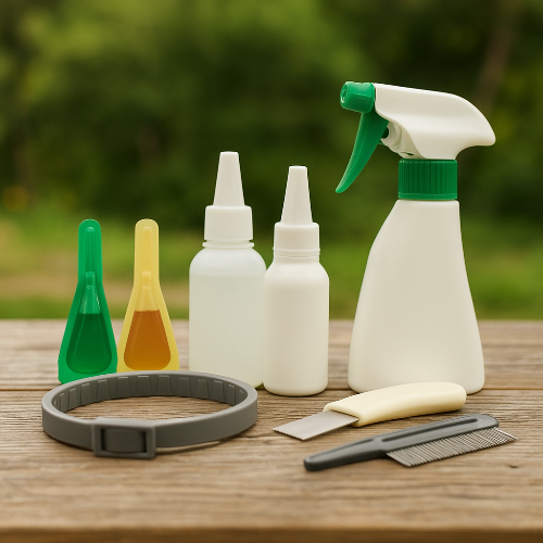 Photographie professionnelle en format carré montrant plusieurs produits antiparasitaires pour animaux disposés sur une table en bois : pipettes colorées, deux flacons blancs, un spray avec bouchon vert, un collier antiparasitaire gris et deux peignes anti-puces. L’image illustre les solutions disponibles contre moustiques, puces et tiques.