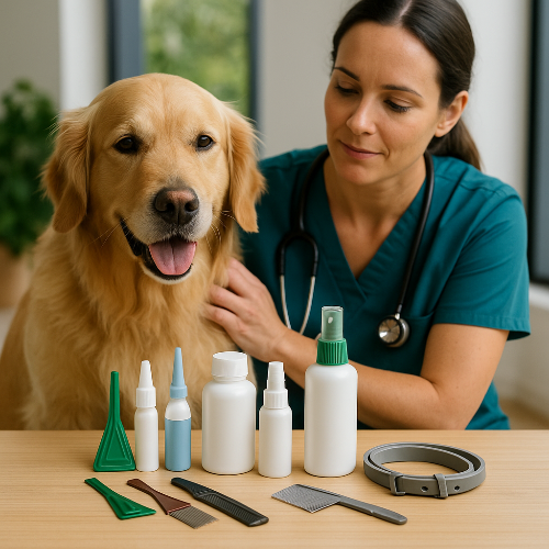 Photographie professionnelle montrant une vétérinaire en blouse verte avec stéthoscope aux côtés d’un Golden Retriever assis, langue sortie et expression détendue. Devant eux, sur une table en bois, sont disposés plusieurs produits antiparasitaires : pipettes, sprays, flacons, peignes anti-puces et collier antiparasitaire. Scène réaliste et lumineuse, illustrant la prévention estivale contre moustiques, puces et tiques