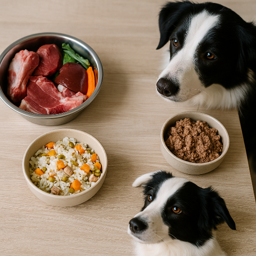 Comparatif réaliste des alternatives aux croquettes pour chien : BARF, ration ménagère et pâtée, sous l’œil de Border Collies.