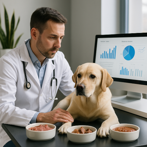 Étude scientifique sur l’alimentation canine : vétérinaire observe un Labrador avec des graphiques nutritionnels et différents types de repas