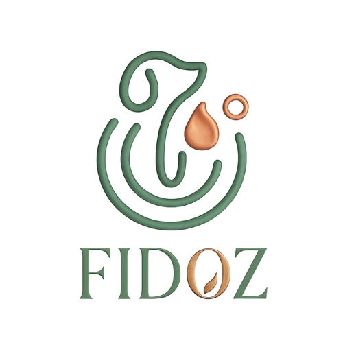 Logo Fidoz vert et cuivré avec icône goutte d’eau stylisée – marque spécialisée dans les fontaines à eau pour animaux