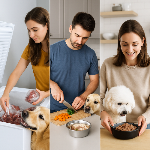 Témoignages de maîtres de chiens : alimentation BARF, ration ménagère maison et pâtée haut de gamme comme alternatives aux croquettes.