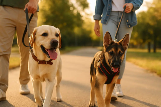 Photographie professionnelle rectangulaire montrant deux chiens en promenade avec leurs propriétaires. À gauche, un chien marche avec un collier classique bien ajusté. À droite, un autre chien porte un harnais confortable. 