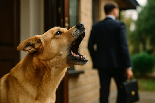 Un chien au pelage fauve aboie intensément près de la porte d'entrée, tandis que son propriétaire en costume s’éloigne avec une mallette à la main.