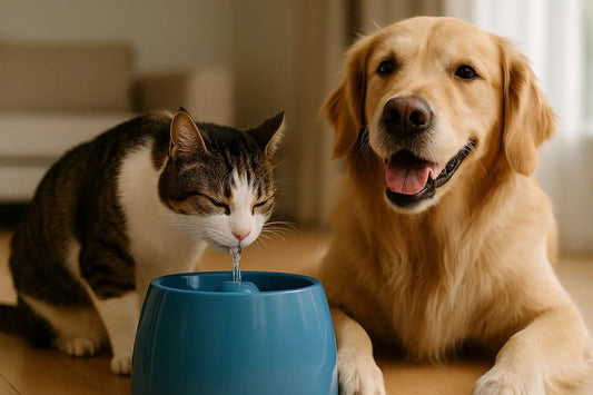 Photographie professionnelle d’un chat tigré et d’un chien assis côte à côte près d’une fontaine à eau domestique moderne, illustrant l’importance d’une bonne hydratation et de l’utilisation correcte des fontaines à eau pour animaux de compagnie.