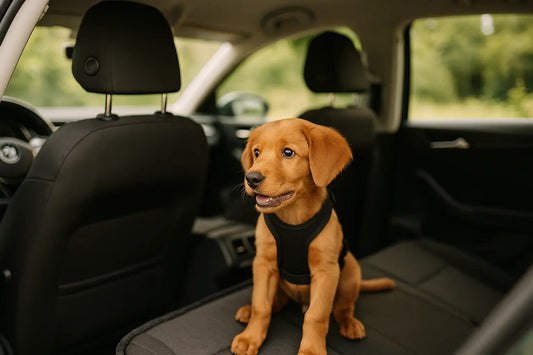 Un jeune chiot golden assis sur la banquette arrière d'une voiture, attentif et calme, prêt à découvrir la route — image réaliste capturée dans un habitacle lumineux, idéale pour illustrer un article sur l’habituation des chiots aux trajets en voiture.