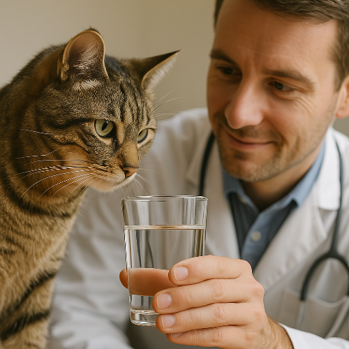 Gros plan d’un chat domestique tigré gris en train de boire dans un bol d’eau en inox, posé sur un sol clair. L’image illustre le comportement naturel d’hydratation féline, capturant la précision de la langue et le reflet de l’eau, un exemple parfait pour accompagner des conseils vétérinaires sur l’hydratation des chats